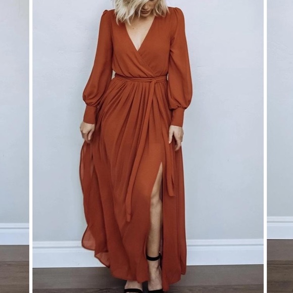 C Neck Long Sleeve Belted Maxi Dress - Picture 4 of 5